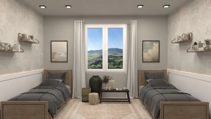 Dormitorio con ventana 300 blanca abierta al paisaje