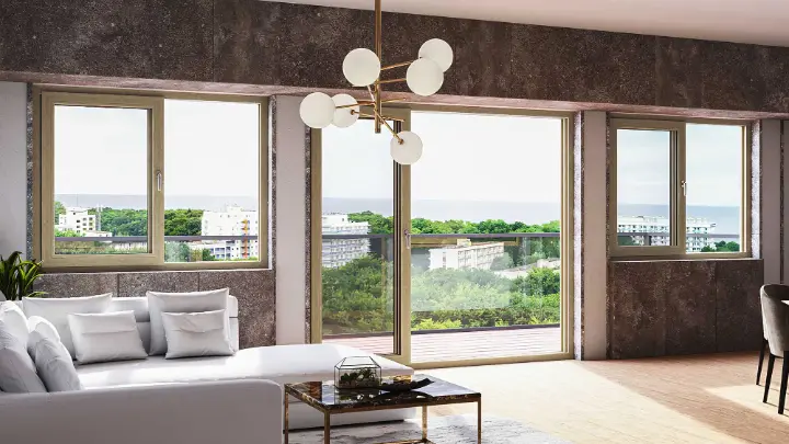 Salón con ventana corredera de PVC en acabado madera
