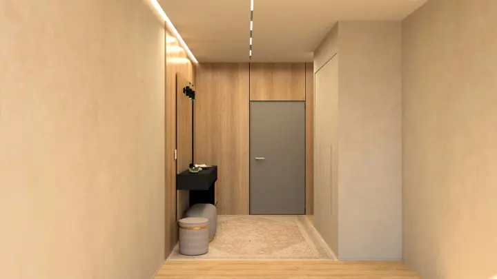 Recibidor con puerta de entrada P53 en gris sobre pared de madera
